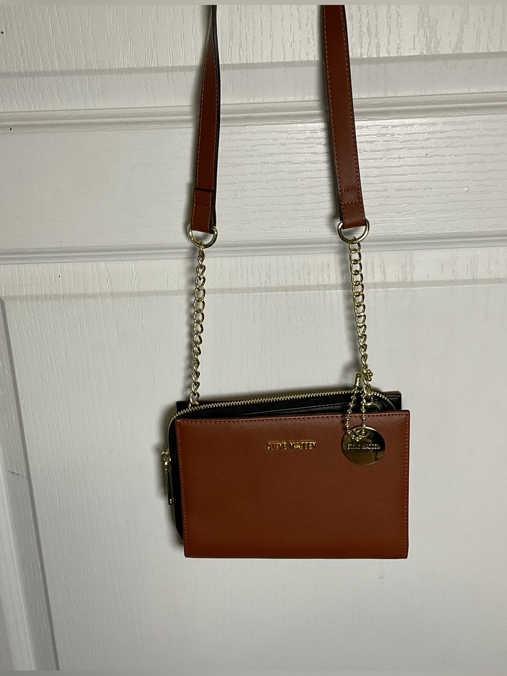 Steve Madden Cognac Brown Leather Crossbody with Gold Chain